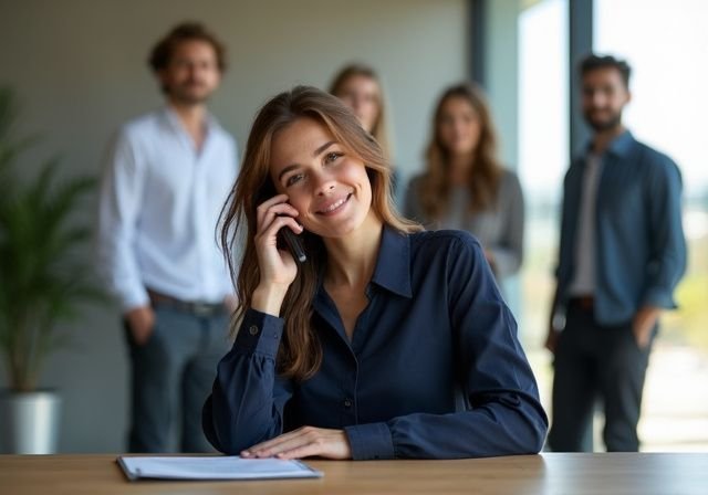 A group of professionals in a modern office during a phone call