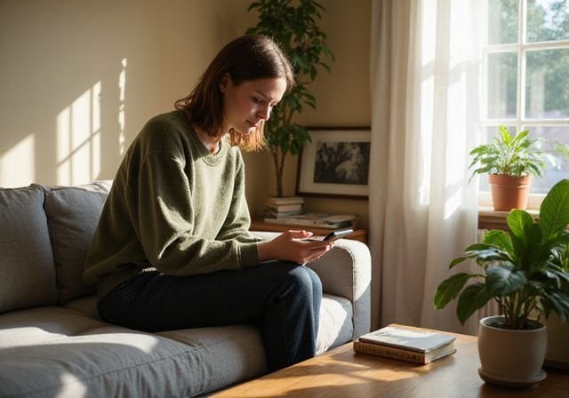 A young woman sits on a grey sofa in a cosy living room