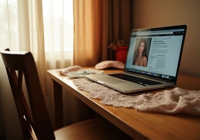 A room with a laptop displaying a webcam modeling site