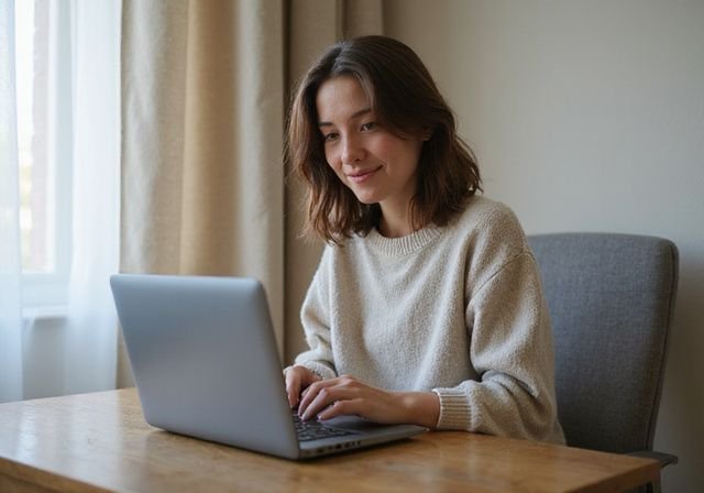 A young woman works at a simple desk in a home office