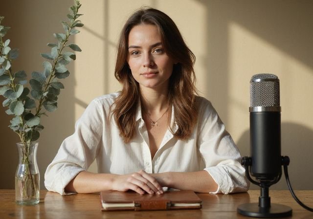 A young woman sits confidently at a desk with a microphone