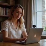 A young woman working at a wooden desk in a home office