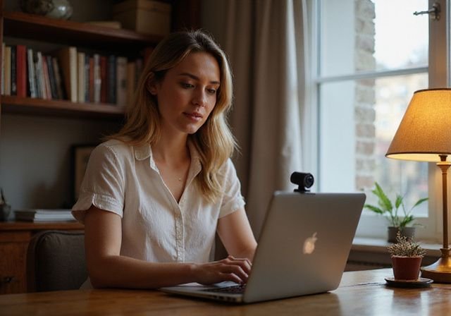 A young woman working at a wooden desk in a home office