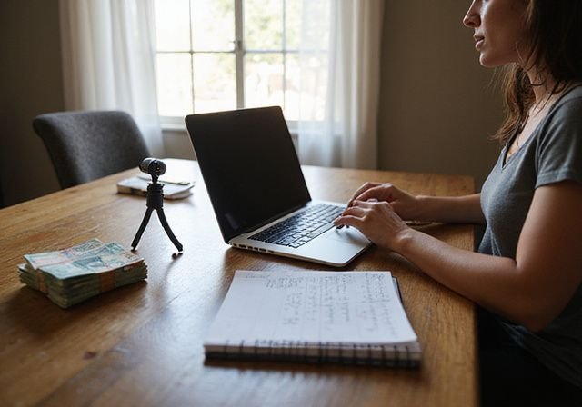 A home studio workspace with a laptop, webcam, calendar, and cash