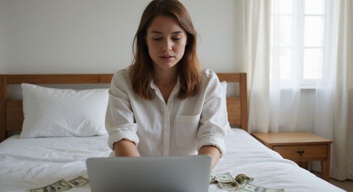 A young woman sits on a bed, examining dollar bills thoughtfully.
