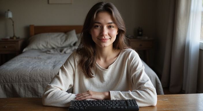 A young woman smiles warmly in a cosy bedroom setting.
