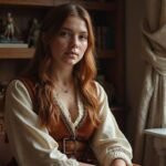 A young woman in vibrant cosplay sits thoughtfully in a cozy space