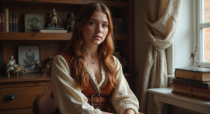 A young woman in vibrant cosplay sits thoughtfully in a cozy space