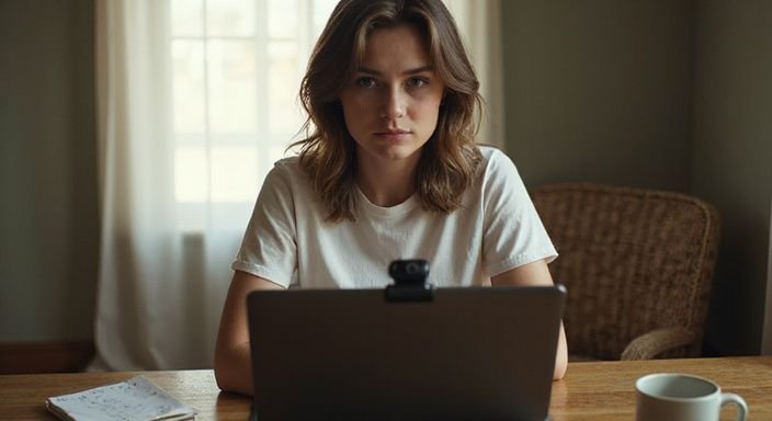 A woman sits at a desk, focused on her laptop.