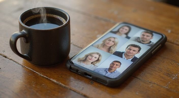 A smartphone and steaming coffee cup on a wooden table