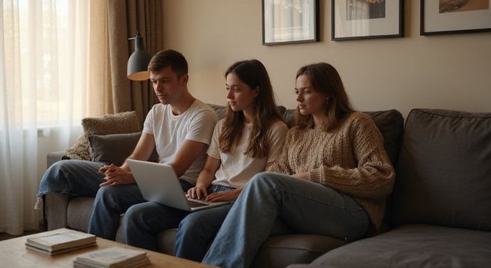 Young adults collaborate on a laptop in a cosy living room. Young adults collaborate on a laptop in a cosy living room