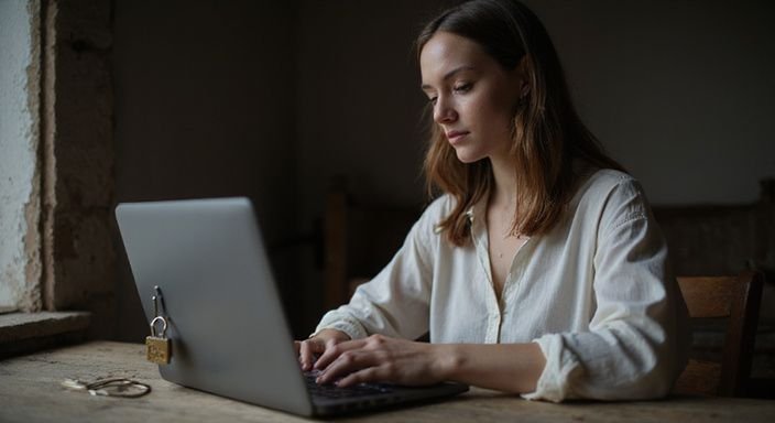 A young woman concentrates at a rustic wooden desk with her laptop. A young woman concentrates at a rustic wooden desk with her laptop