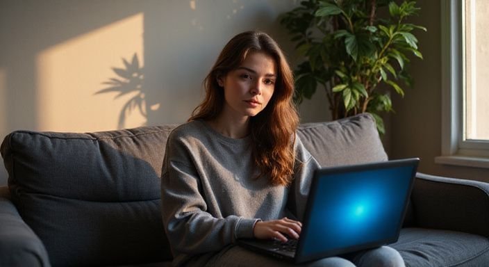 A young woman engages in a video chat for Webcam Sex on her laptop.