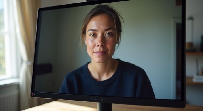 A person in a navy sweater engages in a video chat.