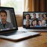 A laptop displays engaging private and group chats in a warm room