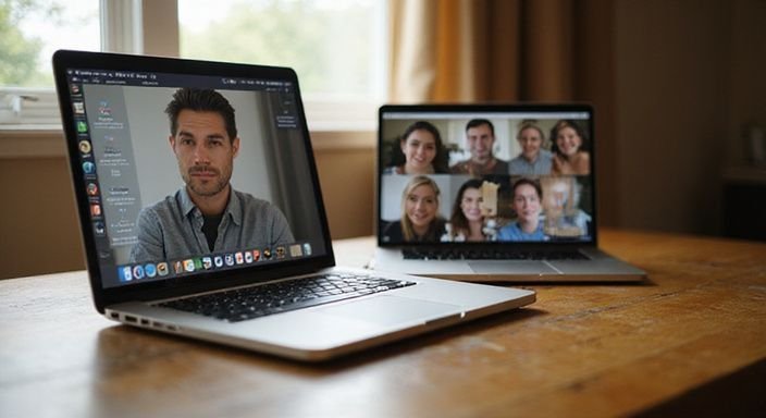 A laptop displays engaging private and group chats in a warm room