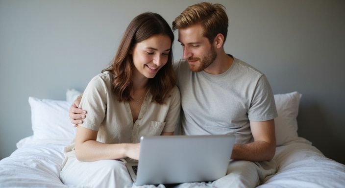 A young couple engages closely while sharing ideas on a laptop.