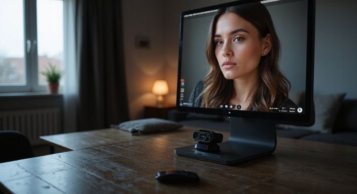 A modern webcam on a wooden desk showcases a vibrant virtual chat.