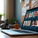 Close up of a laptop displaying webcam modelling platforms in an organised workspace