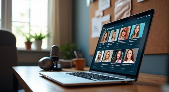 Close up of a laptop displaying webcam modelling platforms in an organised workspace