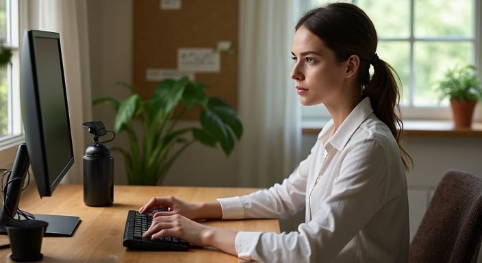 A focused young woman adjusts her webcam in a neatly organised home office.