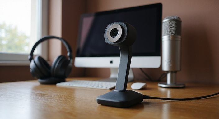 What Should You Do As A Webcam Model? A sleek webcam and professional audio gear on a tidy desk.