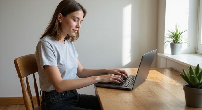 A young woman types on a laptop in a cozy home office.