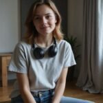 A young woman engages viewers in a cosy home studio setting