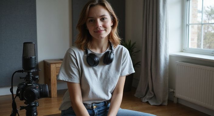 A young woman engages viewers in a cosy home studio setting