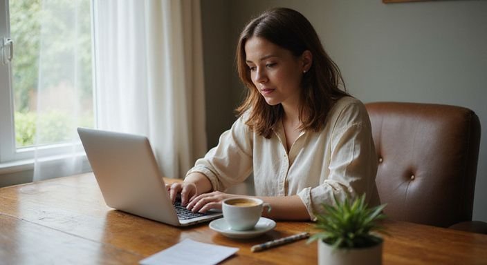 A young woman concentrates on her laptop in a cosy home office.