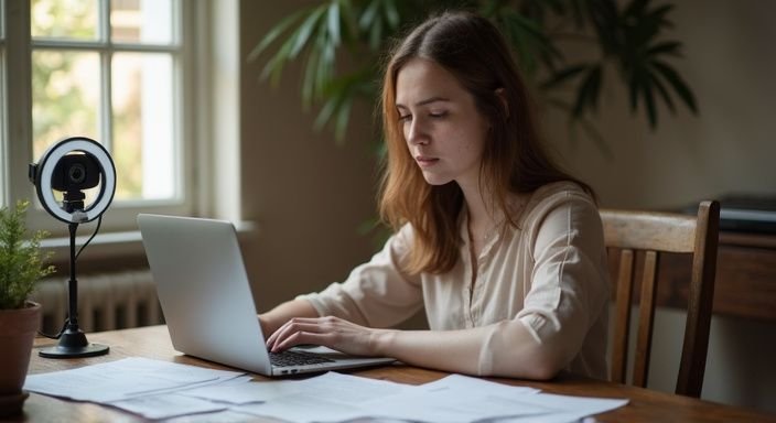 Become A Webcam Model: A young woman focuses intently on work at her home office desk.