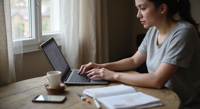 Become A Webcam Model: A person diligently fills out a self-employment registration form at a desk.