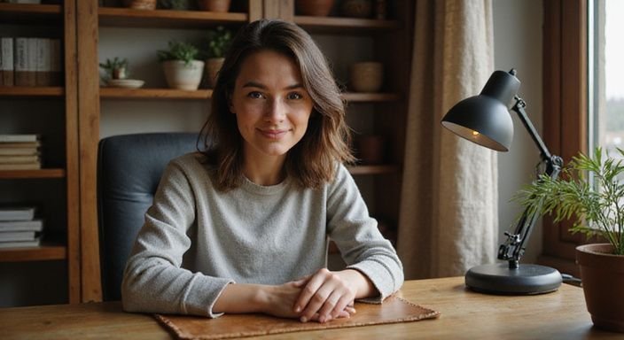 Become A Webcam Model: A relaxed woman smiles in her personalised home office.