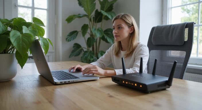 Become A Webcam Model: A tidy home office featuring a laptop, router, and plant.