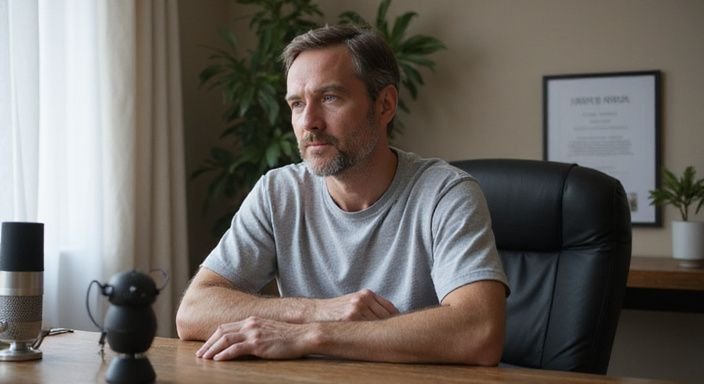 A focused individual works in a modern home office.