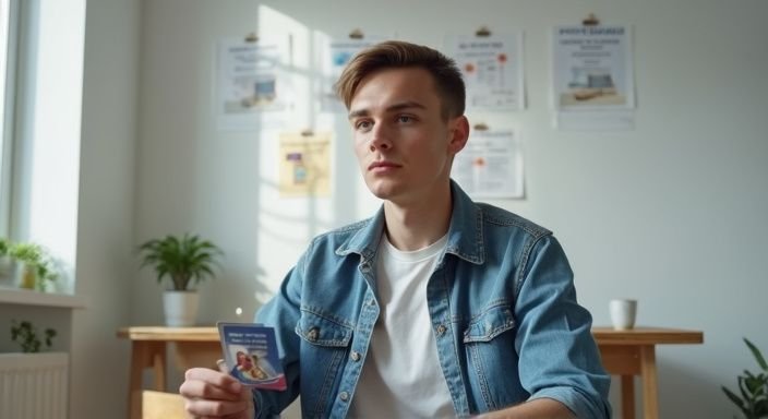 A focused young individual holds a photo ID at a desk.