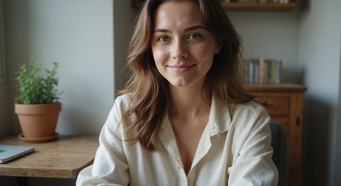 A woman smiles warmly while working at her home office desk
