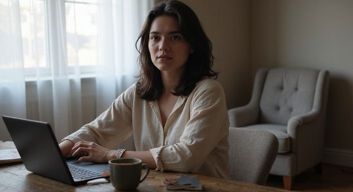 A young woman sits at a cluttered desk, focused and slightly fatigued.