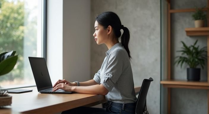 webcam model at Xcams.com: A young woman at a minimalist desk in a contemporary office.