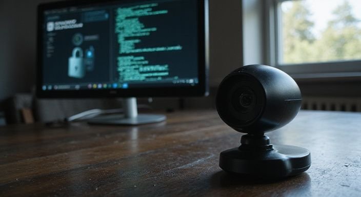 A webcam sits on a desk, focusing on a monitor displaying encrypted code.
