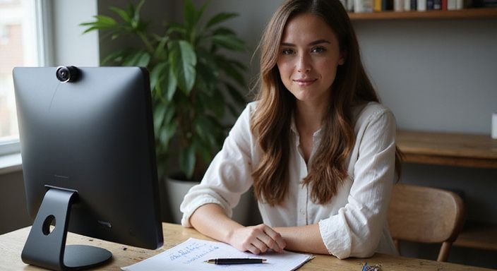 webcam model at Xcams.com: A young woman engages with an online audience in her home office.