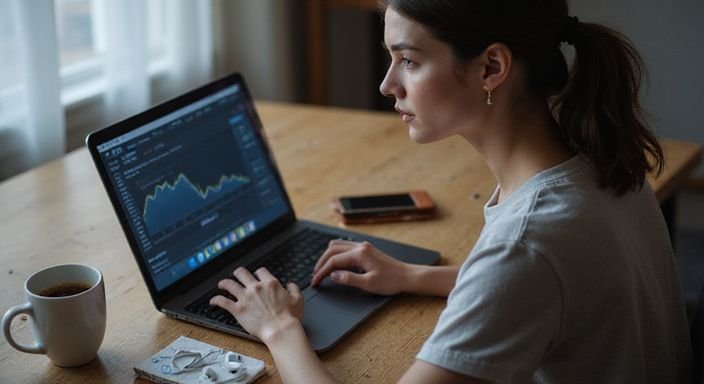A young woman concentrates on her laptop at a cluttered desk.