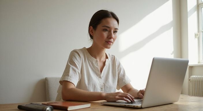 A young woman works focused at a minimalist wooden desk.