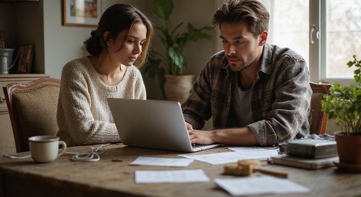 A woman and man sit together in a cosy home studio.