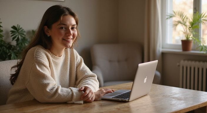 A young woman smiles while engaging on her laptop in a cozy room. A young woman smiles while engaging on her laptop in a cozy room.