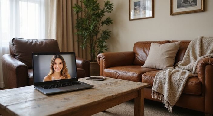 Cozy living room set up for comfortable online interactions. Flirt with webcamgirls: Cozy living room set up for comfortable online interactions.