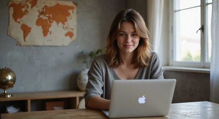 A woman engages in a lively video chat at her desk. A woman engages in a lively video chat at her desk.