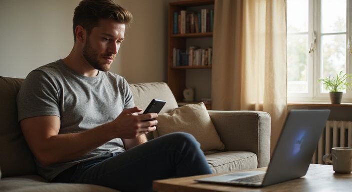 A young man engages in a video call from a cosy living room. A young man engages in a video call from a cosy living room.