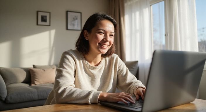 A woman enjoys a video chat in a cosy living room. A woman enjoys a video chat in a cosy living room.