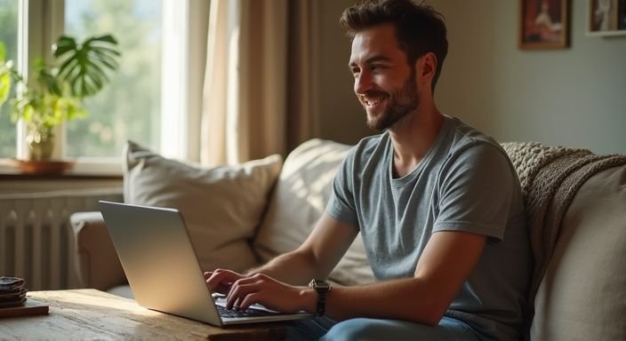 A young man sits comfortably on a sofa, preparing for a video chat. A young man sits comfortably on a sofa, preparing for a video chat.